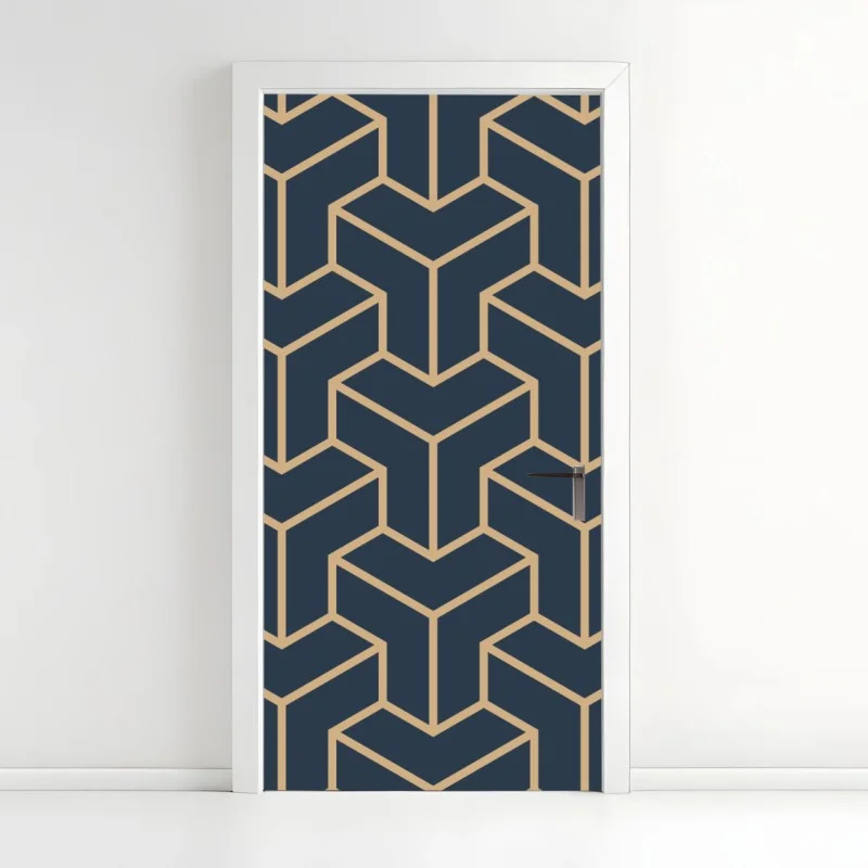 Pegatina para puerta patrón geométrico isométrico en azul marino y beige
