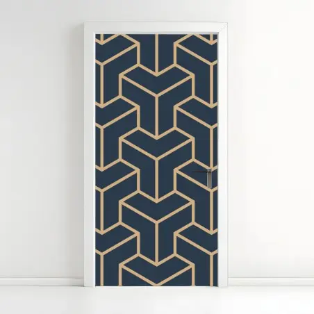 Pegatina para puerta patrón geométrico isométrico en azul marino y beige – Pixers®