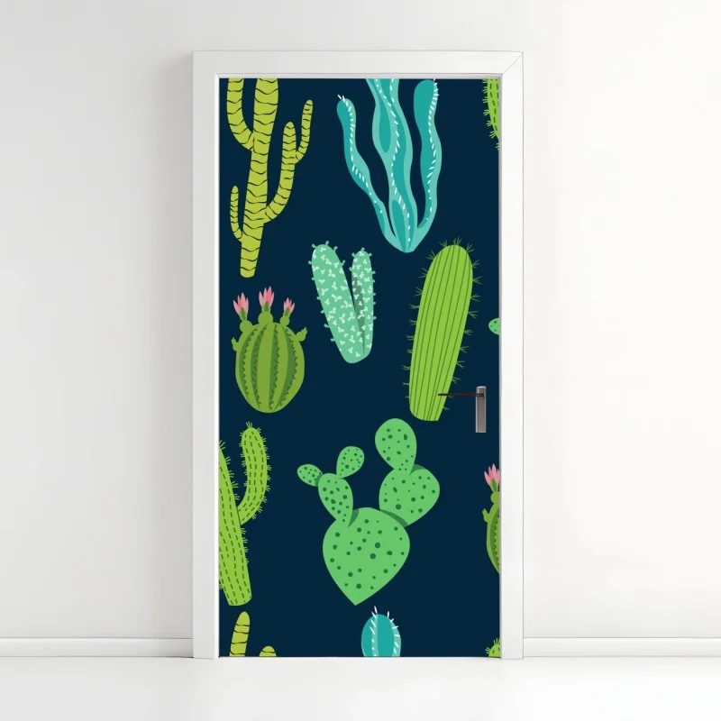 Pegatina para puerta patrón de cactus y suculentas en tonos verdes y azules