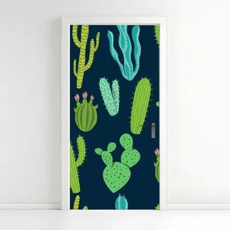 Pegatina para puerta patrón de cactus y suculentas en tonos verdes y azules – Pixers®
