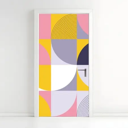 Pegatina para puerta patrón geométrico retro en tonos rosa y amarillo – Pixers®