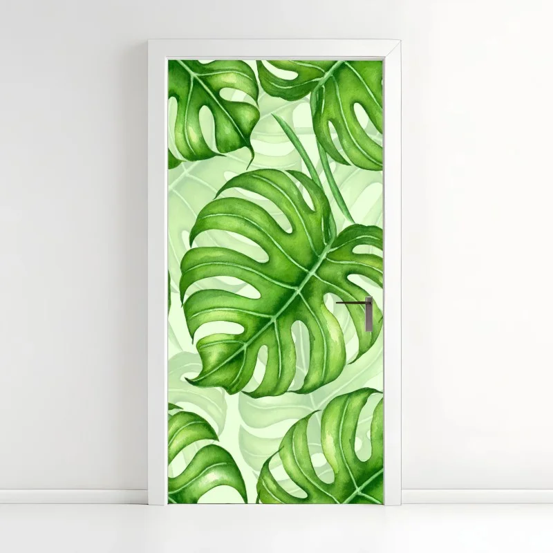 Pegatina para puerta patrón tropical de hojas de monstera en acuarela