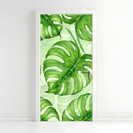 Pegatina para puerta patrón tropical de hojas de monstera en acuarela – Pixers®