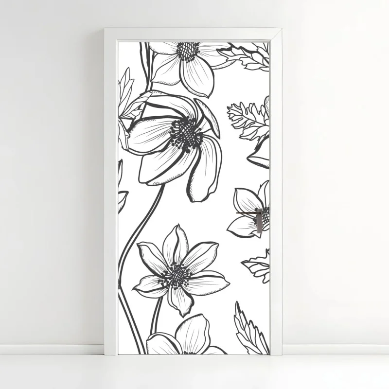 Pegatina para puerta dibujo floral lineal en blanco y negro
