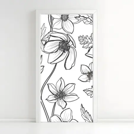Pegatina para puerta dibujo floral lineal en blanco y negro – Pixers®