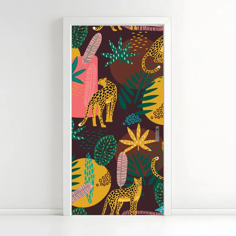 Pegatina para puerta estampado de leopardos y hojas tropicales