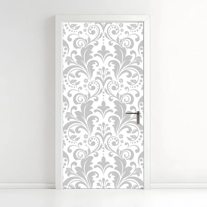 Pegatina para puerta diseño damasco gris y blanco elegante