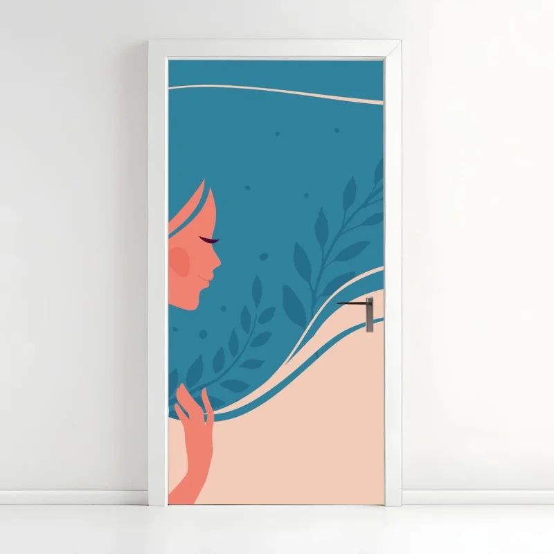 Pegatina para puerta mujer serena con cabello floral