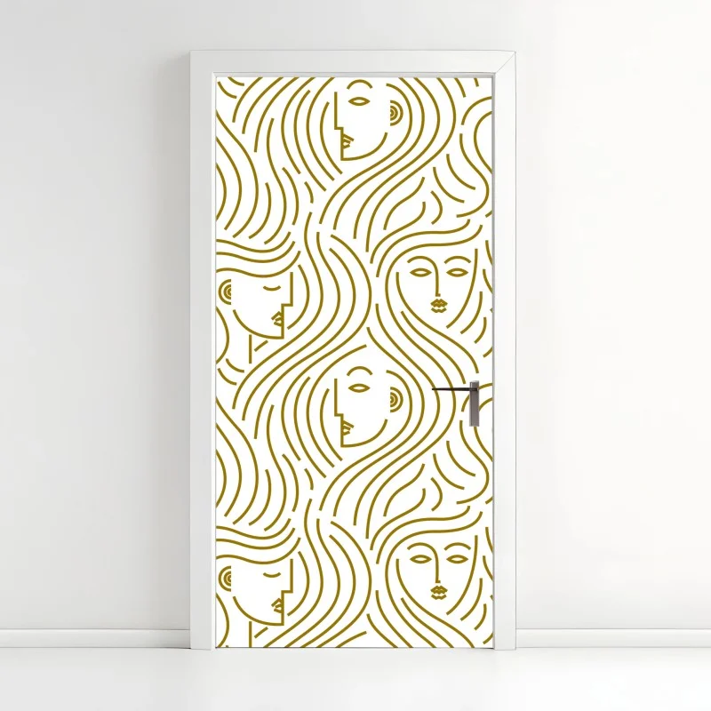 Pegatina para puerta patrón abstracto de rostros femeninos en dorado