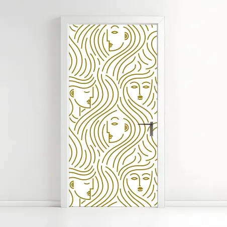 Pegatina para puerta patrón abstracto de rostros femeninos en dorado – Pixers®