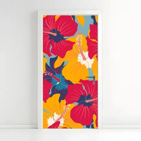 Pegatina para puerta patrón floral retro de hibiscos coloridos – Pixers®