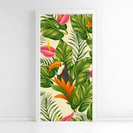 Pegatina para puerta estampado tropical con tucán y hojas exuberantes – Pixers®