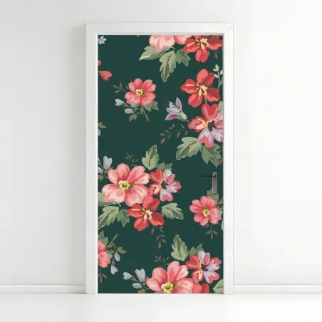 Pegatina para puerta patrón floral vintage en tonos rosa y rojo sobre fondo verde oscuro – Pixers®