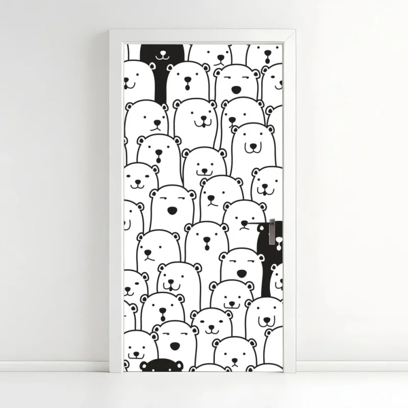 Pegatina para puerta patrón de osos minimalista en blanco y negro