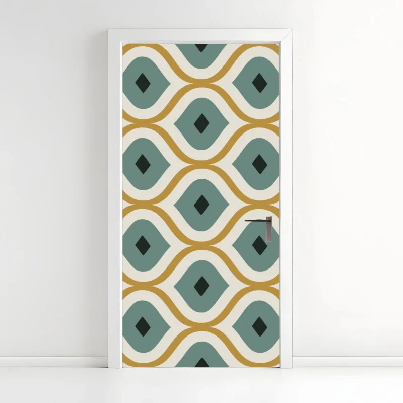 Pegatina para puerta diseño geométrico retro en tonos verde azulado y dorado