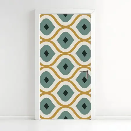 Pegatina para puerta diseño geométrico retro en tonos verde azulado y dorado – Pixers®