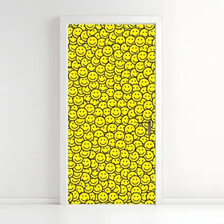 Pegatina para puerta patrón de caras sonrientes en amarillo – Pixers®
