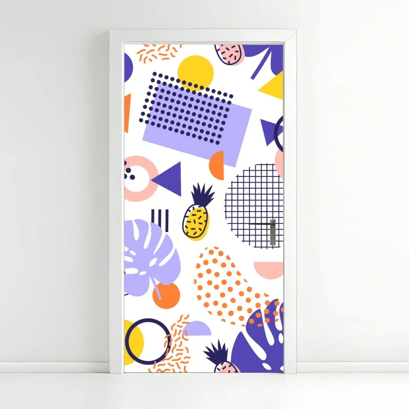 Pegatina para puerta diseño tropical geométrico en colores vibrantes