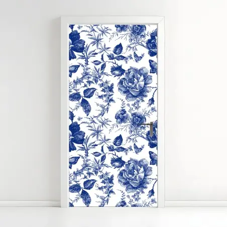 Pegatina para puerta estampado floral azul estilo vintage – Pixers®