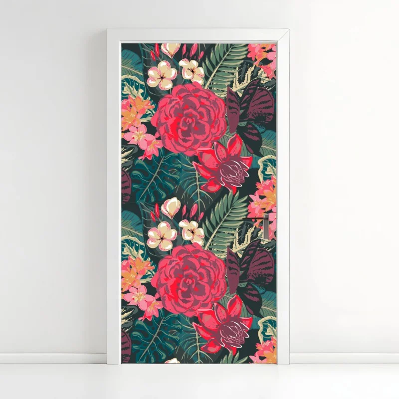 Pegatina para puerta estampado floral tropical en tonos rojos