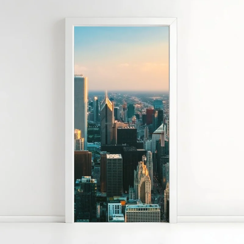 Pegatina para puerta puesta de sol sobre Chicago: horizonte urbano moderno