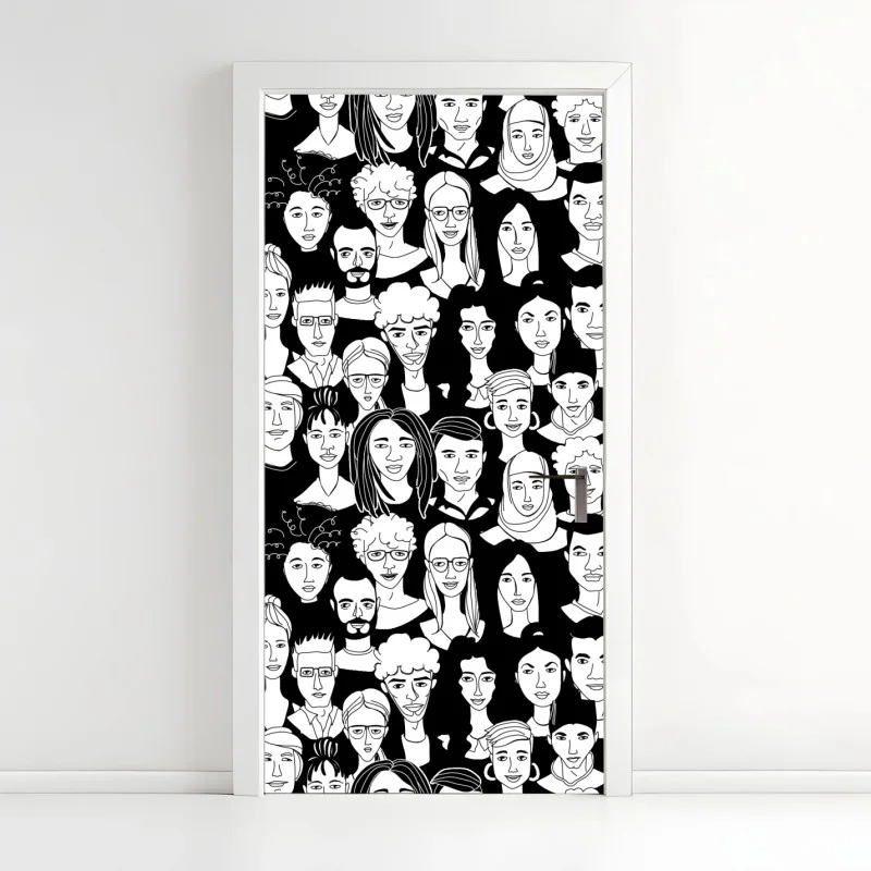 Pegatina para puerta mosaico de rostros diversos en blanco y negro
