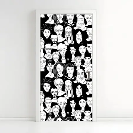 Pegatina para puerta mosaico de rostros diversos en blanco y negro – Pixers®