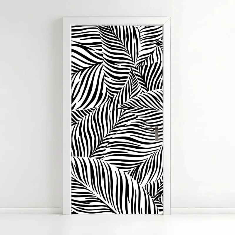Pegatina para puerta patrón de hojas rayadas en blanco y negro