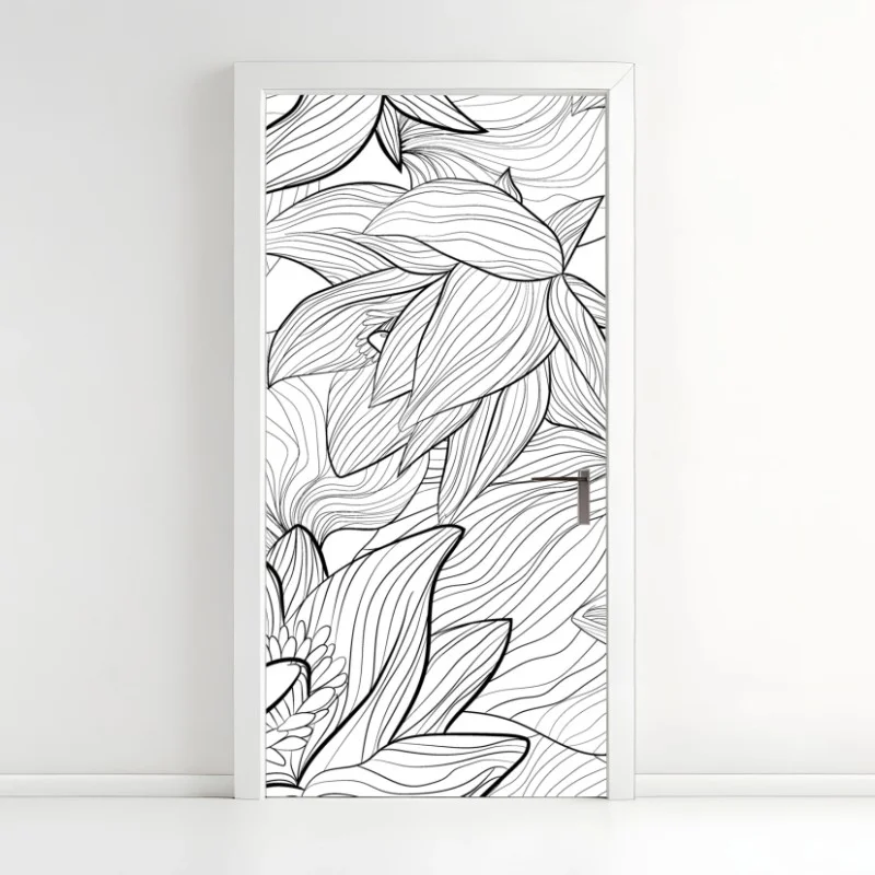 Pegatina para puerta patrón floral de loto en blanco y negro