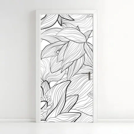Pegatina para puerta patrón floral de loto en blanco y negro – Pixers®