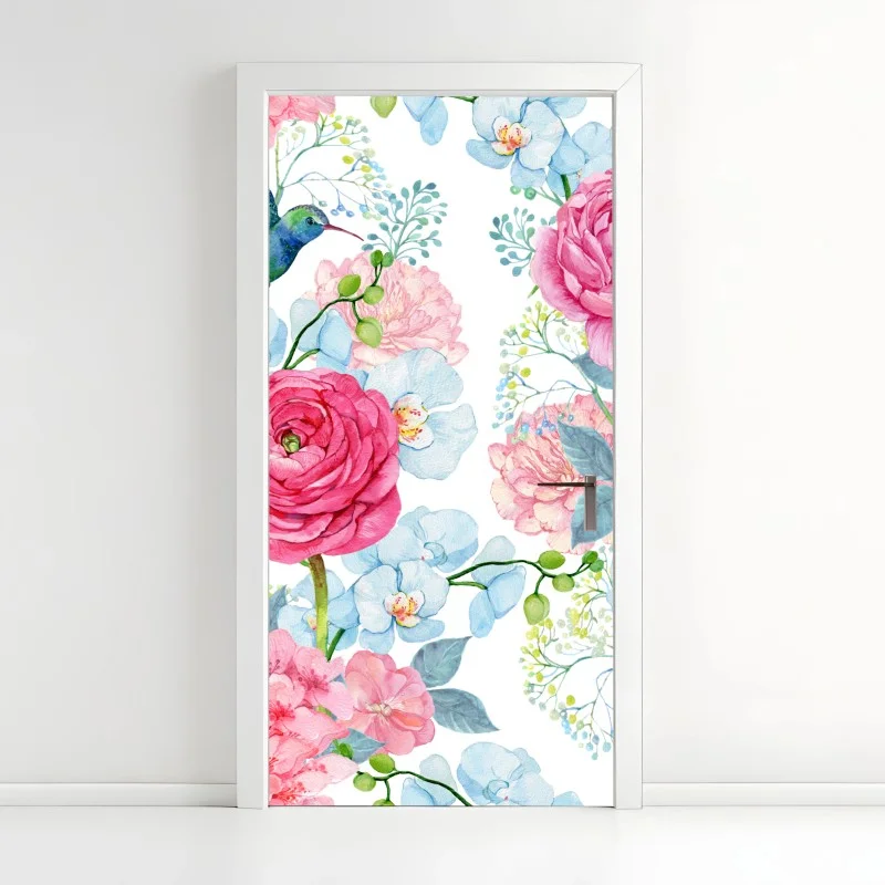 Pegatina para puerta mural floral en acuarela con colibrí