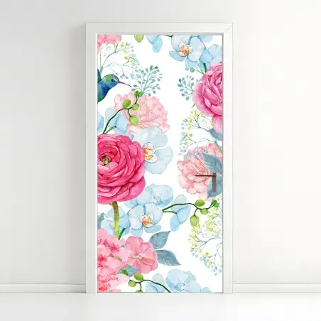 Pegatina para puerta mural floral en acuarela con colibrí – Pixers®