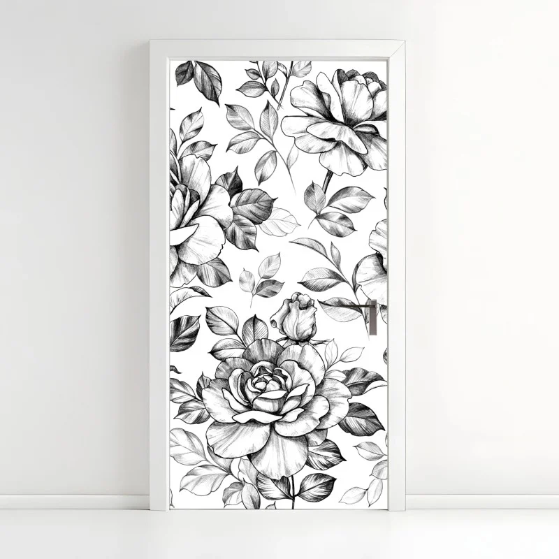 Pegatina para puerta motivo de rosas vintage en blanco y negro
