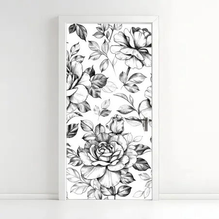 Pegatina para puerta motivo de rosas vintage en blanco y negro – Pixers®