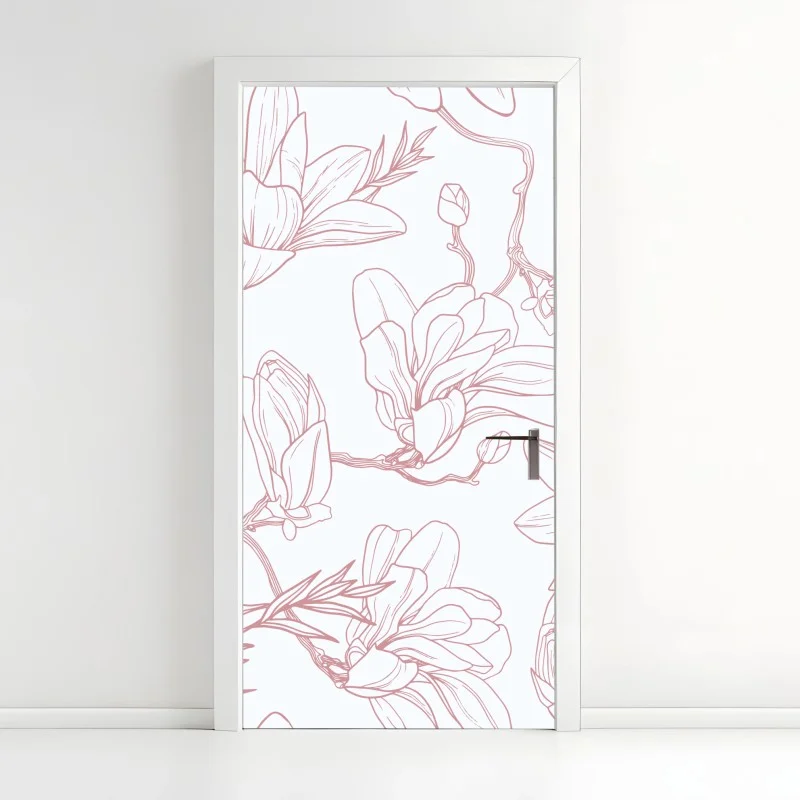 Pegatina para puerta patrón de magnolias en tonos rosa palo