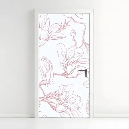 Pegatina para puerta patrón de magnolias en tonos rosa palo – Pixers®