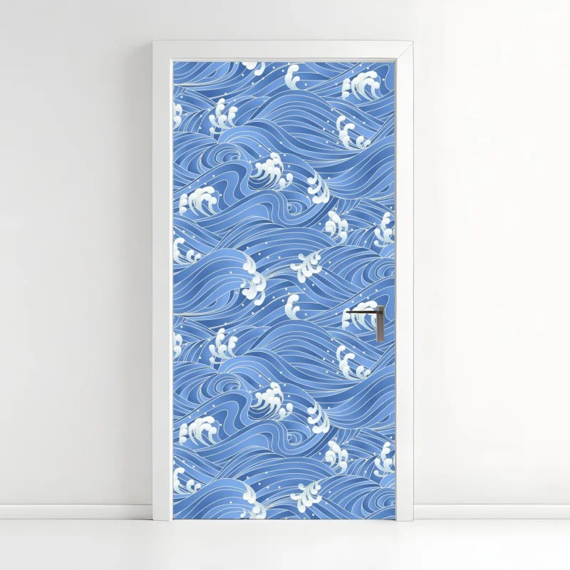 Pegatina para puerta diseño de olas azules estilizadas