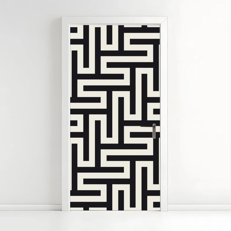 Pegatina para puerta patrón geométrico de laberinto en tonos crema y negro