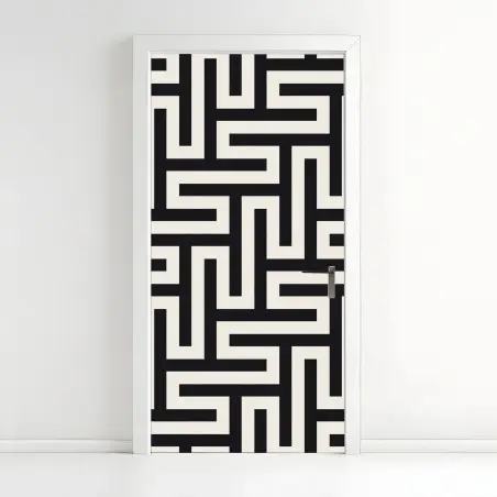 Pegatina para puerta patrón geométrico de laberinto en tonos crema y negro – Pixers®
