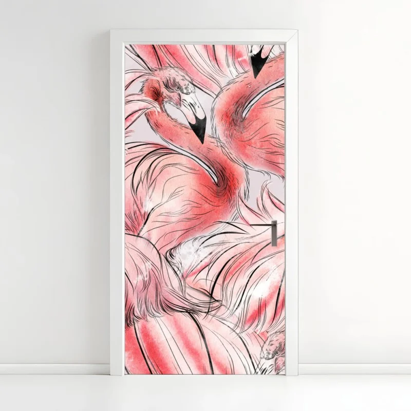 Pegatina para puerta patrón tropical de flamencos en acuarela