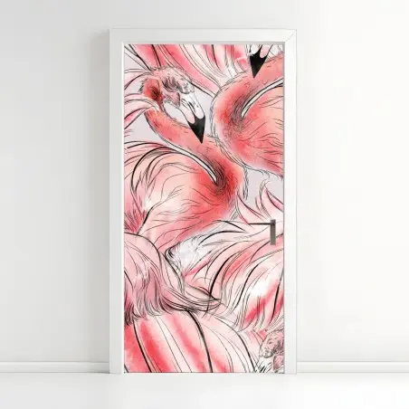 Pegatina para puerta patrón tropical de flamencos en acuarela – Pixers®
