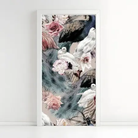 Pegatina para puerta jardín exótico en acuarela con pavos reales y flamencos – Pixers®