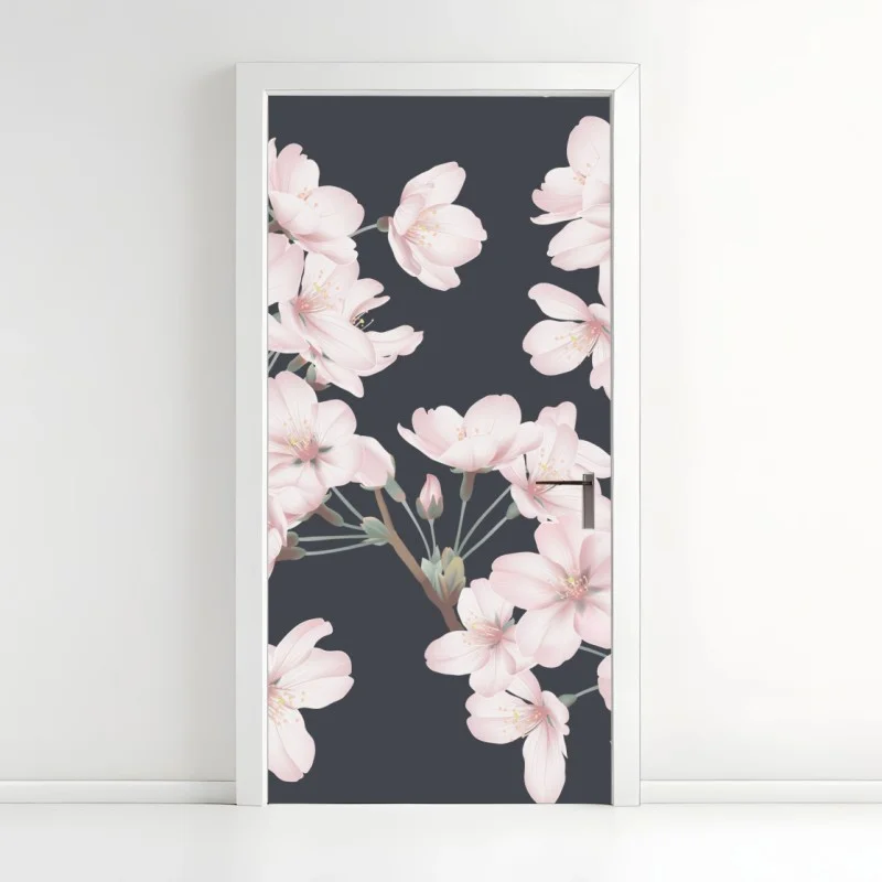 Pegatina para puerta flores de cerezo sobre fondo gris oscuro