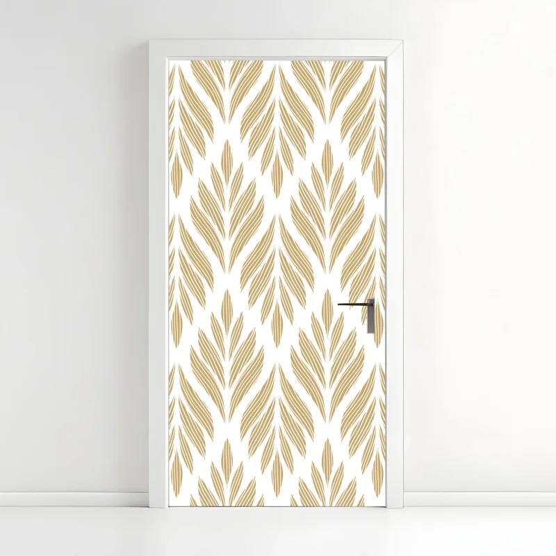 Pegatina para puerta motivo de hojas doradas sobre fondo blanco