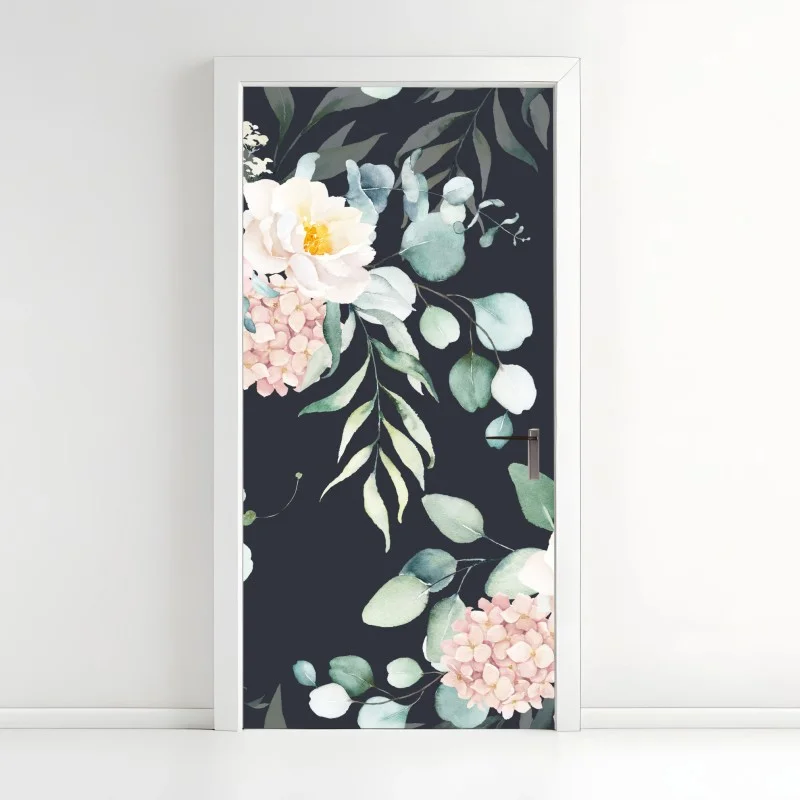 Pegatina para puerta composición floral acuarelada sobre fondo oscuro