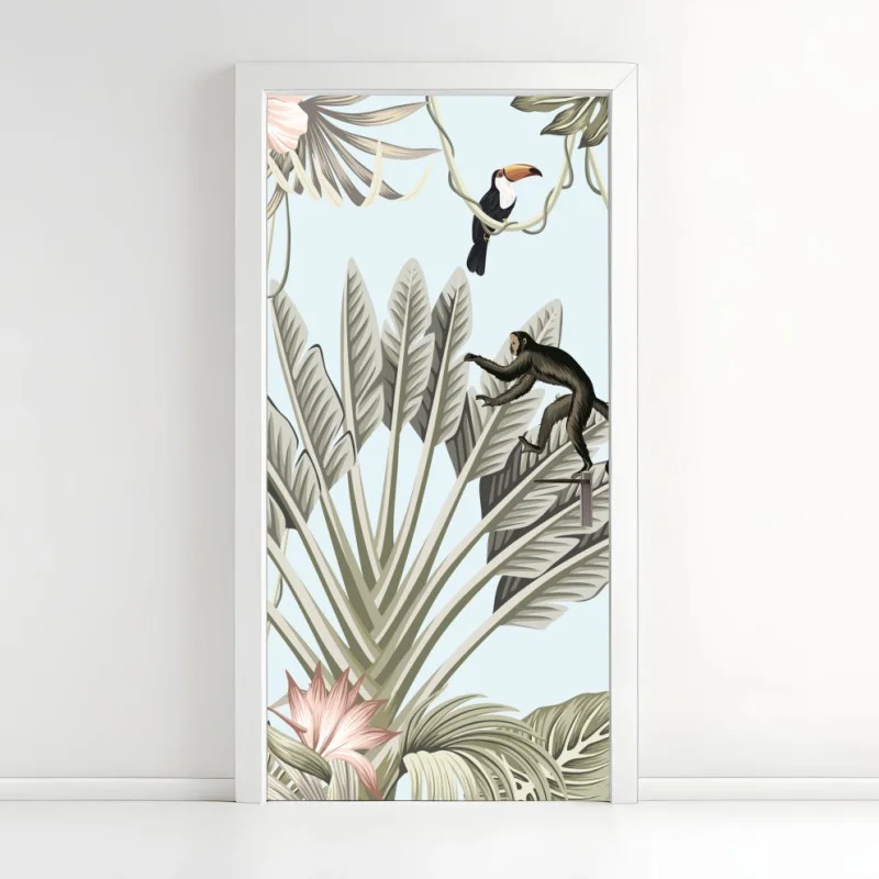 Pegatina para puerta selva tropical en tonos pastel estilo vintage