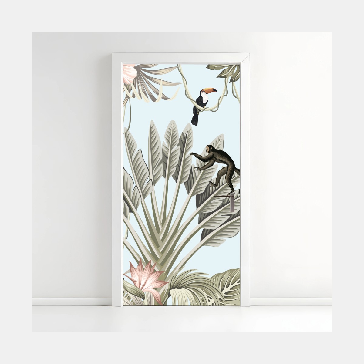 Pegatina para puerta selva tropical en tonos pastel estilo vintage – Pixers®