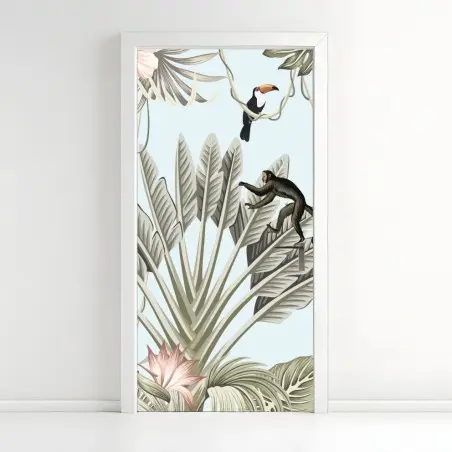 Pegatina para puerta selva tropical en tonos pastel estilo vintage – Pixers®