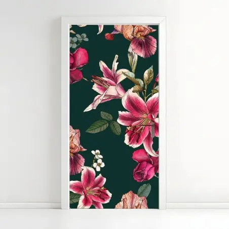 Pegatina para puerta estampado floral vintage en tonos rosa y verde oscuro – Pixers®