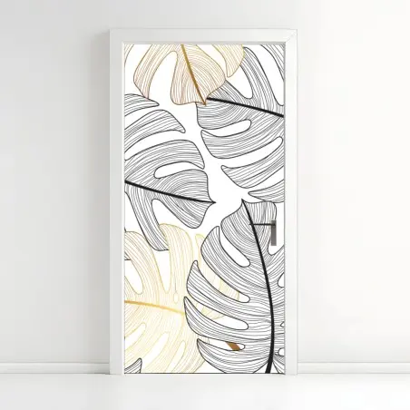 Pegatina para puerta hojas de monstera en líneas negras y doradas – Pixers®